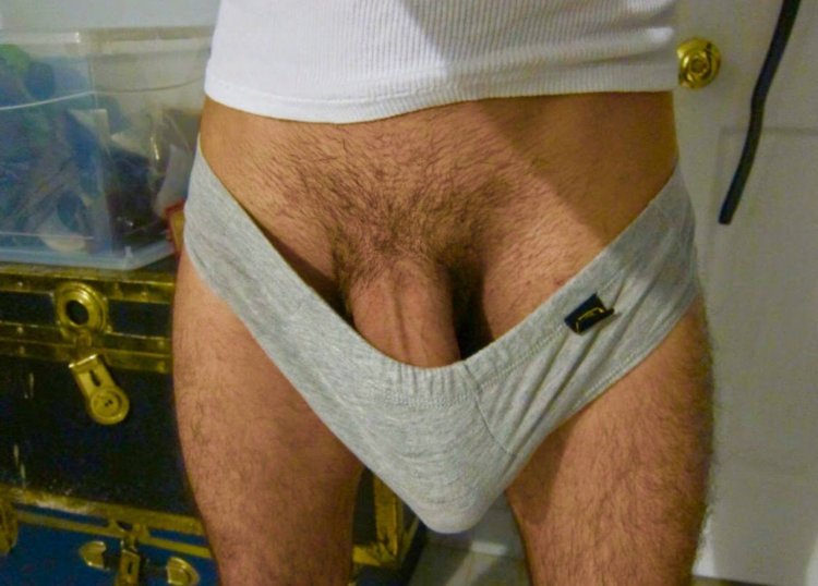 Мужской член торчит из трусов