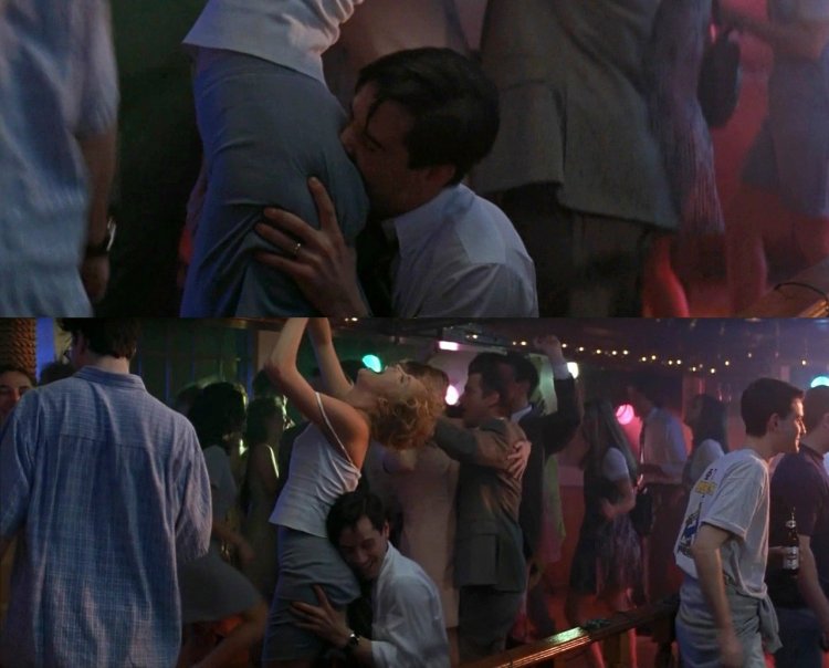 Парень обнимает попу девушки