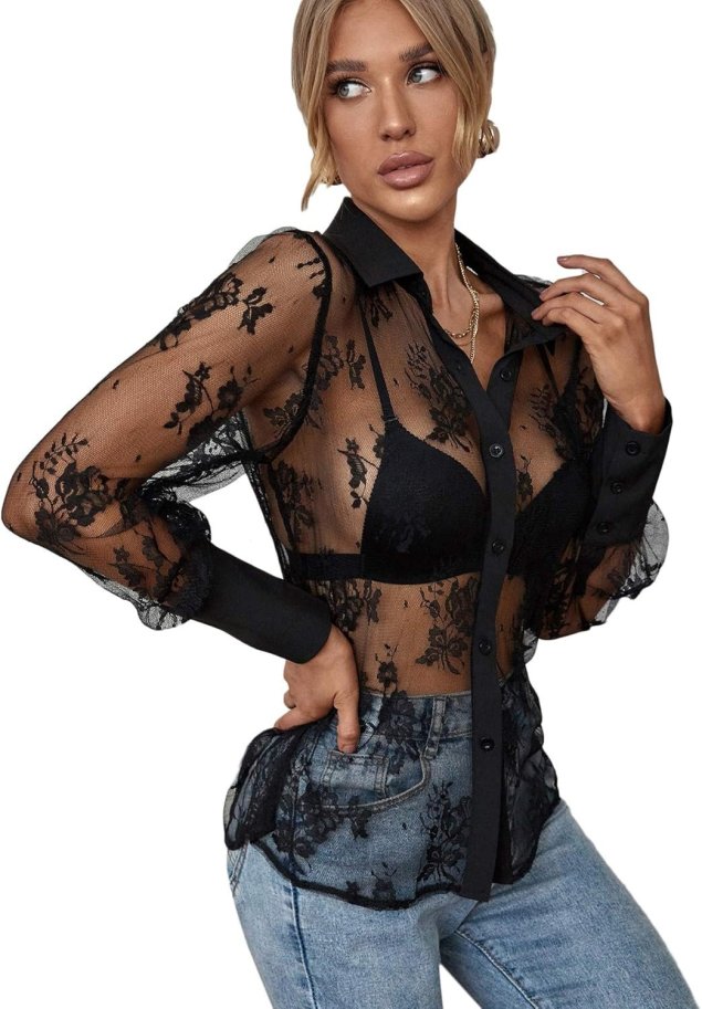 Sheer lace button up shirt